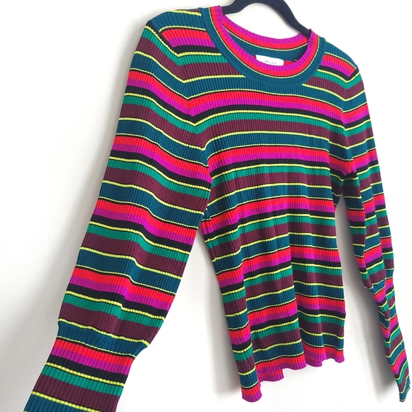 Milly Stripe Puff Sleeve Rib Knit Pullover Candycane Holiday Sweater Top - Picture 6 of 13